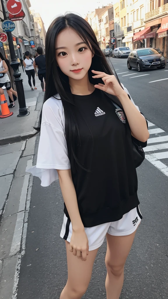 14mm wide-angle lens，Street shooting，Girl with a cheerful personality，Sportswear，Black long hair