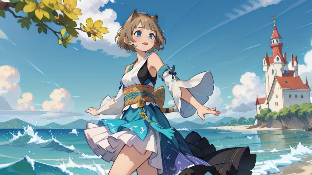 Cat ear、Blonde Hair、Short Hair、Cat ear、Turquoise Eyes(masterpiece, Highest品質, Highest, Official Art, beautifully、aesthetic, exposed for a long time:1.3), Fluid movement, Fascinating patterns, (One girl: 2), (Dynamic pose), Absurd, Portraiture, alone, (whole body:1.1), View your viewers, Detailed Background, Detailed face, standing on water, ripple, swirling water, Suspended particles, Ether Dynamic, water, splash, vapor, Ocean Background, coastal, Ethereal atmosphere, (Crystal AI:0.8), Realistic Skin, Dramatic lighting, Ultra-realistic, wallpaper, Complex, Sharp focus, Ray Tracing, RTTX 10.0, Professionally color coded, Professional photography, masterpiece, Super detailed, high quality, Highest quality, 4K, 8k, born, FFX, Heterochromia iridis, short hair, Yuna Costume, hair ornaments, Removable sleeves, In the same way, sash, In the same way skirt, Long skirt, smile, Happy, Blonde Hair、Short Hair、Cat ear、Turquoise Eyes