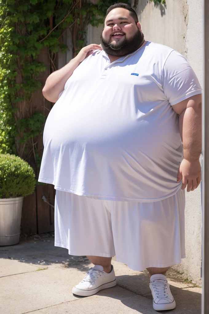 A fat man wearing white clothes