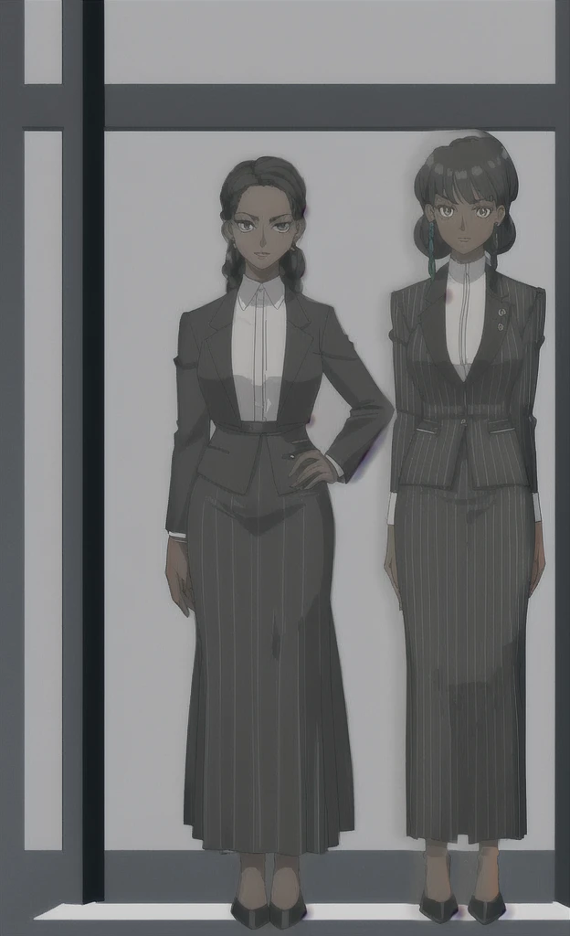 90s grown tall skinny black skinned female business woman in a grey pinstripe skirt suit wearing grey heels with cornrow hair full body