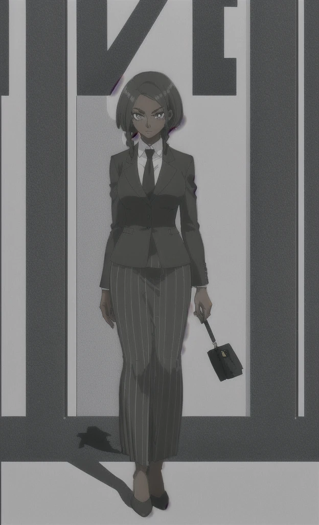 90s grown tall skinny black skinned female business woman in a grey pinstripe skirt suit wearing grey heels with cornrow hair full body