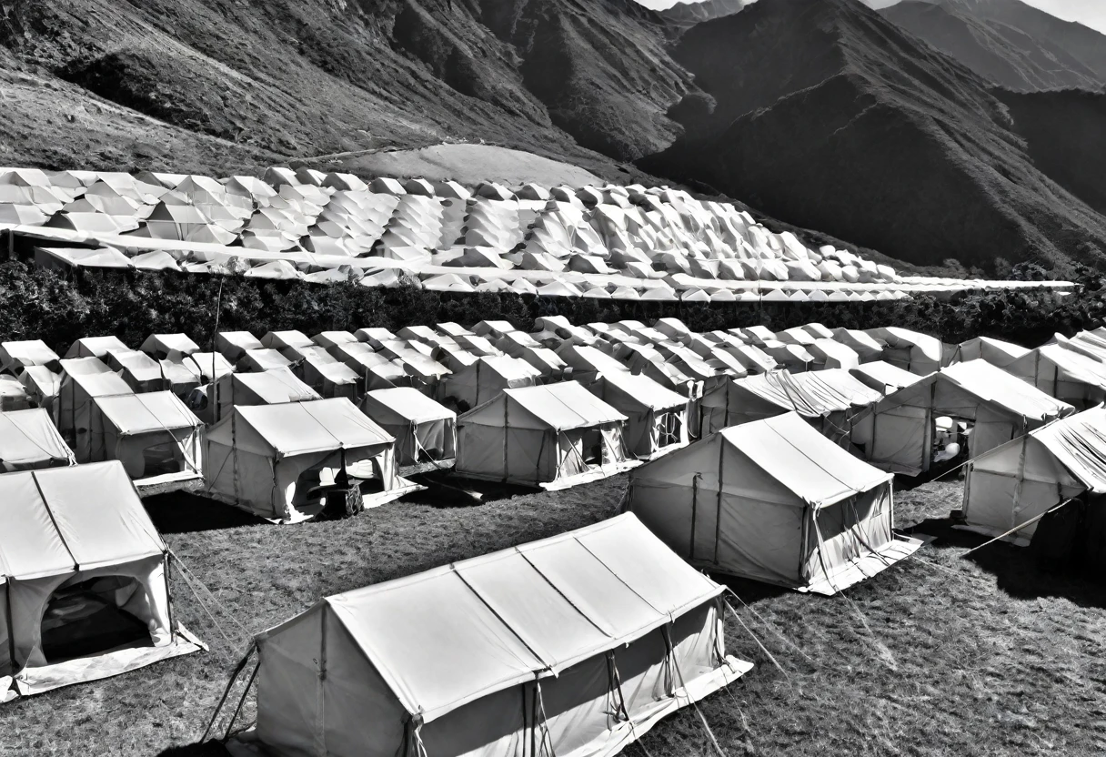 A scene of many identical tents set up in the mountains