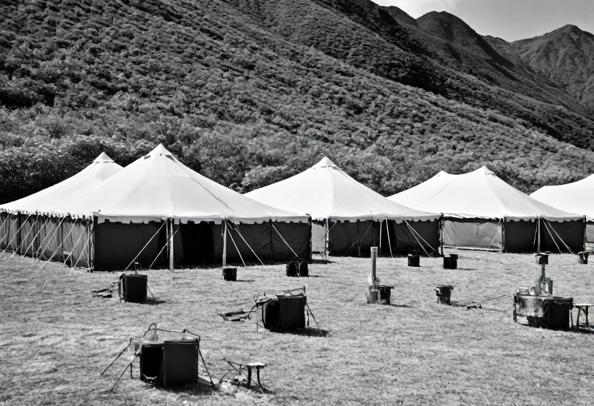 A scene of many identical tents set up in the mountains
