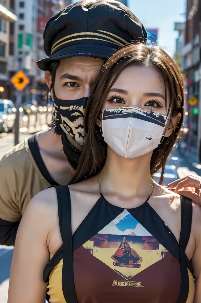 A man wearing a bandit bandana and a woman wearing a bandit bandana on her face,coming out of a cigarettescreen on a city street,The pioneering days of America）Western Region,Villain,cigarette,Dust,artwork,3d,4K,detailed,Realistic