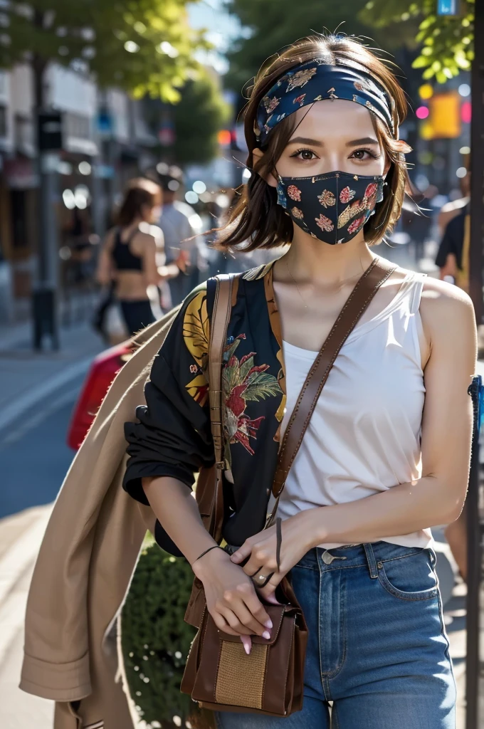 A man wearing a bandit bandana and a woman wearing a bandit bandana on her face,coming out of a cigarettescreen on a city street,The pioneering days of America)Western Region,Villain,cigarette,Dust,artwork,3d,4K,detailed,Realistic