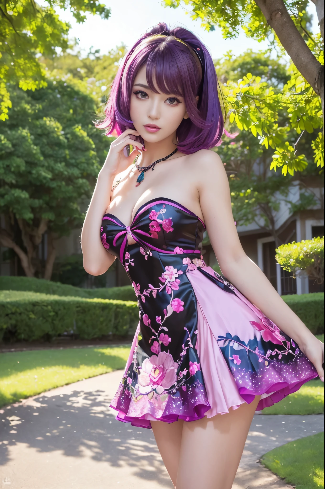 (masterpiece:1.4), (best quality:1.4), ultra high res, ultra high resolution, ((ultra detailed facial features)), HDR, (realistic, photorealistic, photo-realistic:1.37), full body Esbian, sexy Swedish model, (-anime), vivid colors, ((vivid colors multicolor (fuchsia, pink, light blue, purple) very short hair)), (seductive smile), ultra detailed metallic makeup, lip-gloss, long lashes, defined eyebrows, wearing large sparkling colorful jewelery, wearing a red silk Paradise Kiss cosplay dress with black floral embroidery, ((vivid colors outfit)), vivid colors, look at the camera, cinematic light, large park background with trees, sweet and sexy pose