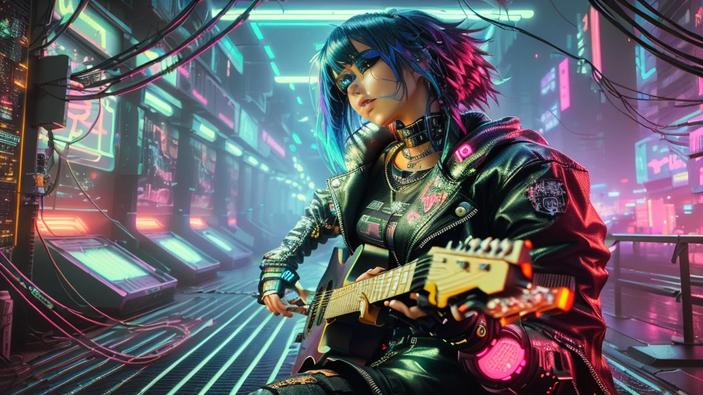 Anime girl with a guitar in a futuristic city with neon lights, ハイパーリアルなCyberpunk Style, Cyberpunk 20. Model Girl, Dreamy Cyberpunk Girl, Cyberpunk art style, Cyberpunk Art Ultra Realistic 8K, Cyberpunk Dark Synth, Digital Cyberpunk - Anime Art, Cyberpunk beautiful girl, Cyberpunk Style, Cyberpunk Anime Girl, Portrait of a cyberpunk girl, Neon lighting cyberpunk