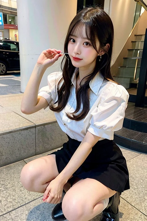 Japanese Idol,Sexy face,Delicate eyes,Delicate skin and hair
Office Lady,Burberry Skirt,White shirt,Squat with legs apart,pumps,Black knee-high socks,On the way to work,Duck mouth