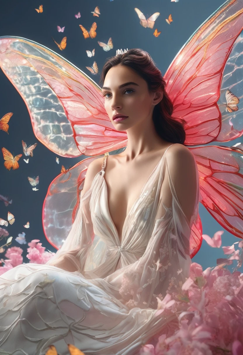 (and 8K，raw photo，premium，超High resolution，masterpiece：1.2)，(photorealistic：1.37)，Gal Gadot，butterfly wings，tink shot to the chest，In the style of rococo pastel colors，light white and light red，incredibly pretty，SakuraNS，Sparkling water reflection，to combine，fluent，hyperrealistic，pintura f4，stock photography，Mixed elements of reality and fantasy.，ray tracing，complex pattern，delicate line art，neckline, Leaning forward, All fours, They are over, from above, to throw, hanging breasts, GOOD