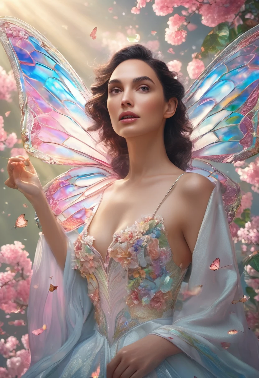 (and 8K,raw photo,premium,超High resolution,masterpiece:1.2),(photorealistic:1.37),Gal Gadot,butterfly wings,tink shot to the chest,In the style of rococo pastel colors,light white and light red,incredibly pretty,SakuraNS,Sparkling water reflection,to combine,fluent,hyperrealistic,pintura f4,stock photography,Mixed elements of reality and fantasy.,ray tracing,complex pattern,delicate line art,neckline, Leaning forward, All fours, They are over, from above, to throw, hanging breasts, GOOD