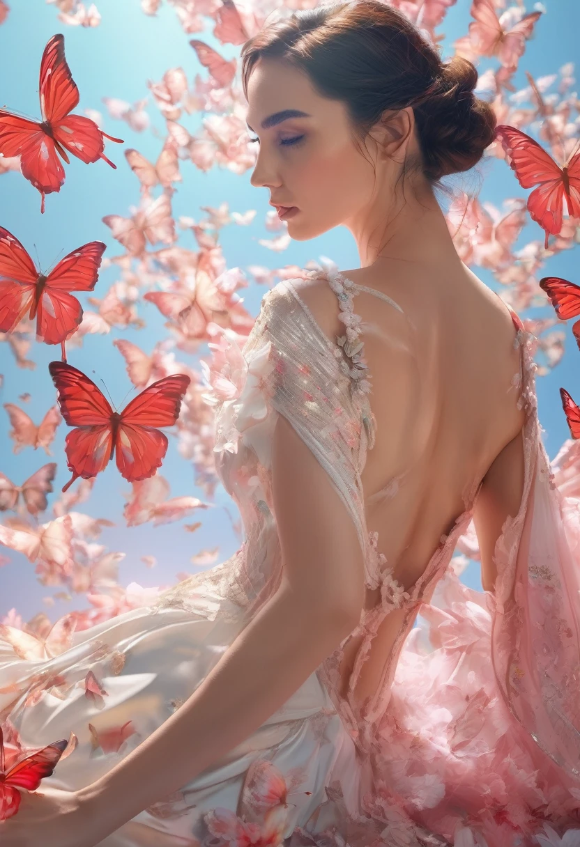 (and 8K,raw photo,premium,超High resolution,masterpiece:1.2),(photorealistic:1.37),Gal Gadot,butterfly wings,tink shot to the chest,In the style of rococo pastel colors,light white and light red,incredibly pretty,SakuraNS,Sparkling water reflection,to combine,fluent,hyperrealistic,pintura f4,stock photography,Mixed elements of reality and fantasy.,ray tracing,complex pattern,delicate line art,neckline, Leaning forward, All fours, They are over, from above, to throw, hanging breasts, GOOD