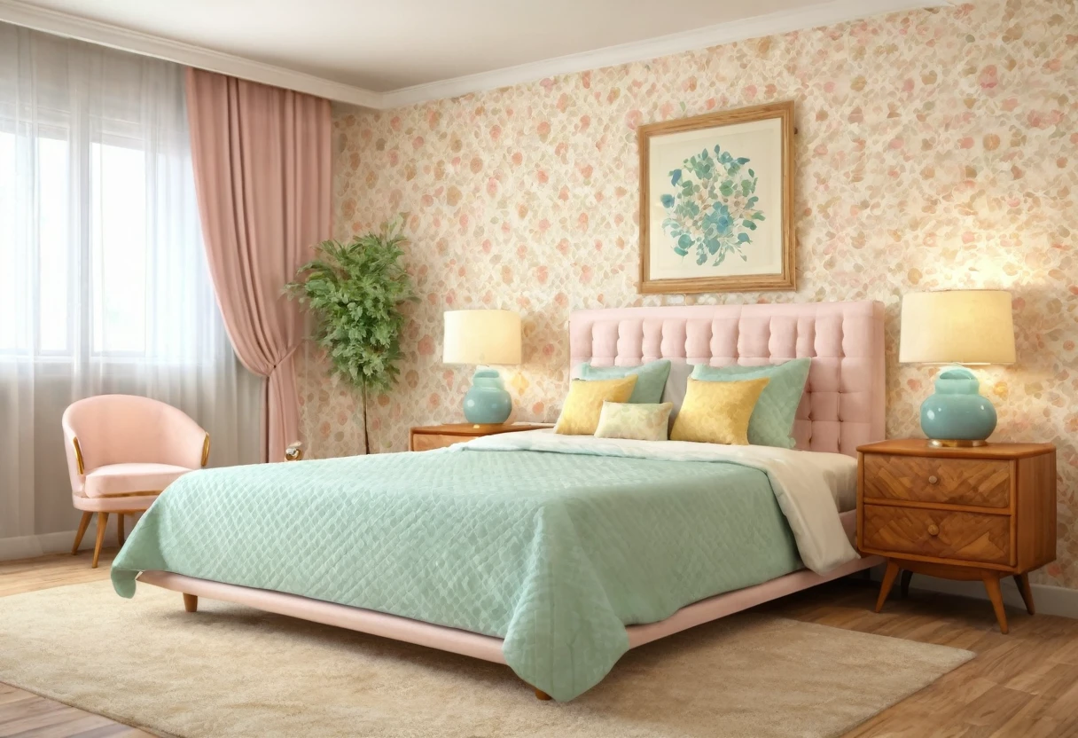 photo of Retro luxury simple bedroom interior style Using furniture and decoration from previous decades, usually the 50s, 60s, 70s. Color: Bright colors, unique patterns, pastel colors. UHD, 8K, super highly detailed, Ultra super HD, Ultra sharpen image
