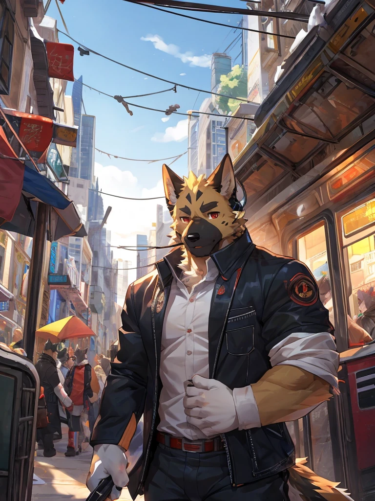 embedding:German Shepherd Dog, male,red eyes,Single person,The side,In the carriage,Look outside,Outside the train is the city.Headset,,Black jacket,The game CG,Illustration,On the train,The invention discloses a neck earphone,The highest quality of scene detail,adult,Tall and powerful,muscle，Best quality hands, best quality eye，detailed fur，Delicate eyes.Extreme picture quality，by sollyz,by zixiong,by milkytiger1145