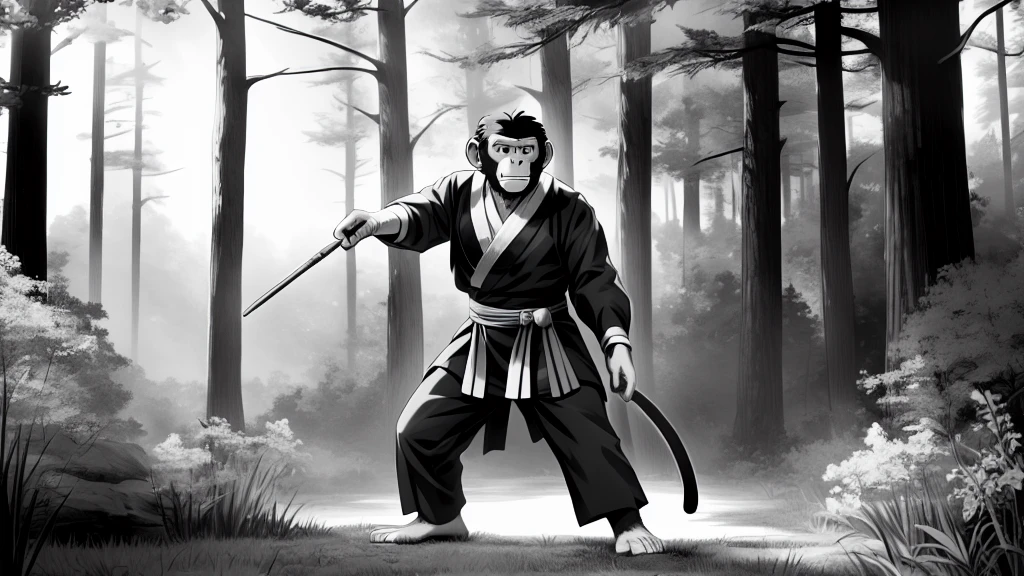 ((Masterpiece, high quality, best graphics, high definition, high definition, 4k)), old photo, vintage photo, 1 Monkey boy, (Solo), (((monkey ears, monkey tail))), ((upper body)), (Wooden Katana in right hand), old samurai suit, old samurai pants, (ribbon on waist), wooden sandals, looking away, standing, {dynamic pose}, (((monochrome, grayscale, pencil sketch, old movie style, noise, VHS movie, anime style))), (forest background, trees, tree shadow, grass, (((Saru to kani no Gassen anime 1917 style))).