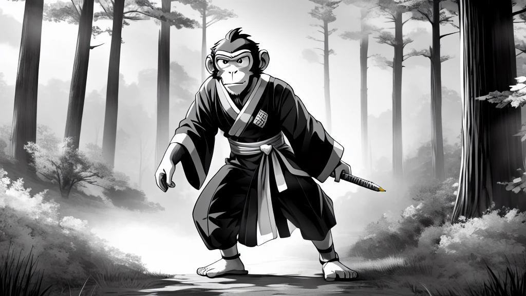 ((Masterpiece, high quality, best graphics, high definition, high definition, 4k)), old photo, vintage photo, 1 Monkey boy, (Solo), (((monkey ears, monkey tail))), ((upper body)), (Wooden Katana in right hand), old samurai suit, old samurai pants, (ribbon on waist), wooden sandals, looking away, standing, {dynamic pose}, (((monochrome, grayscale, pencil sketch, old movie style, noise, VHS movie, anime style))), (forest background, trees, tree shadow, grass, (((Saru to kani no Gassen anime 1917 style))).