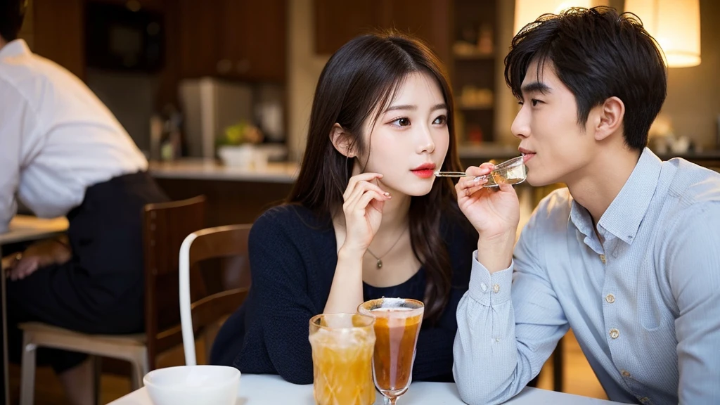 A woman makes a man drink white saliva、Asian、Handsome Men and Beautiful Women