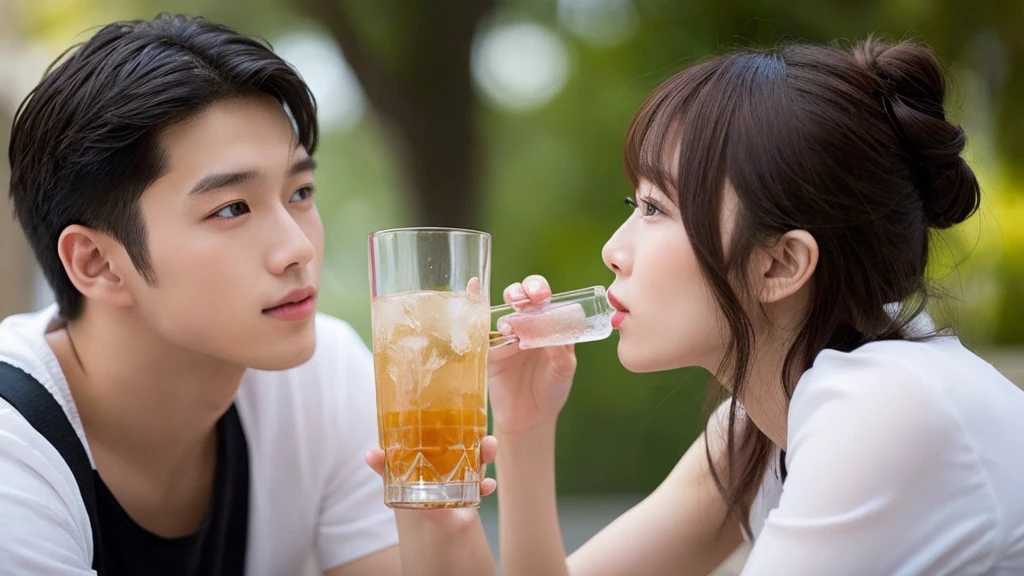 A woman makes a man drink white saliva、Asian、Handsome Men and Beautiful Women