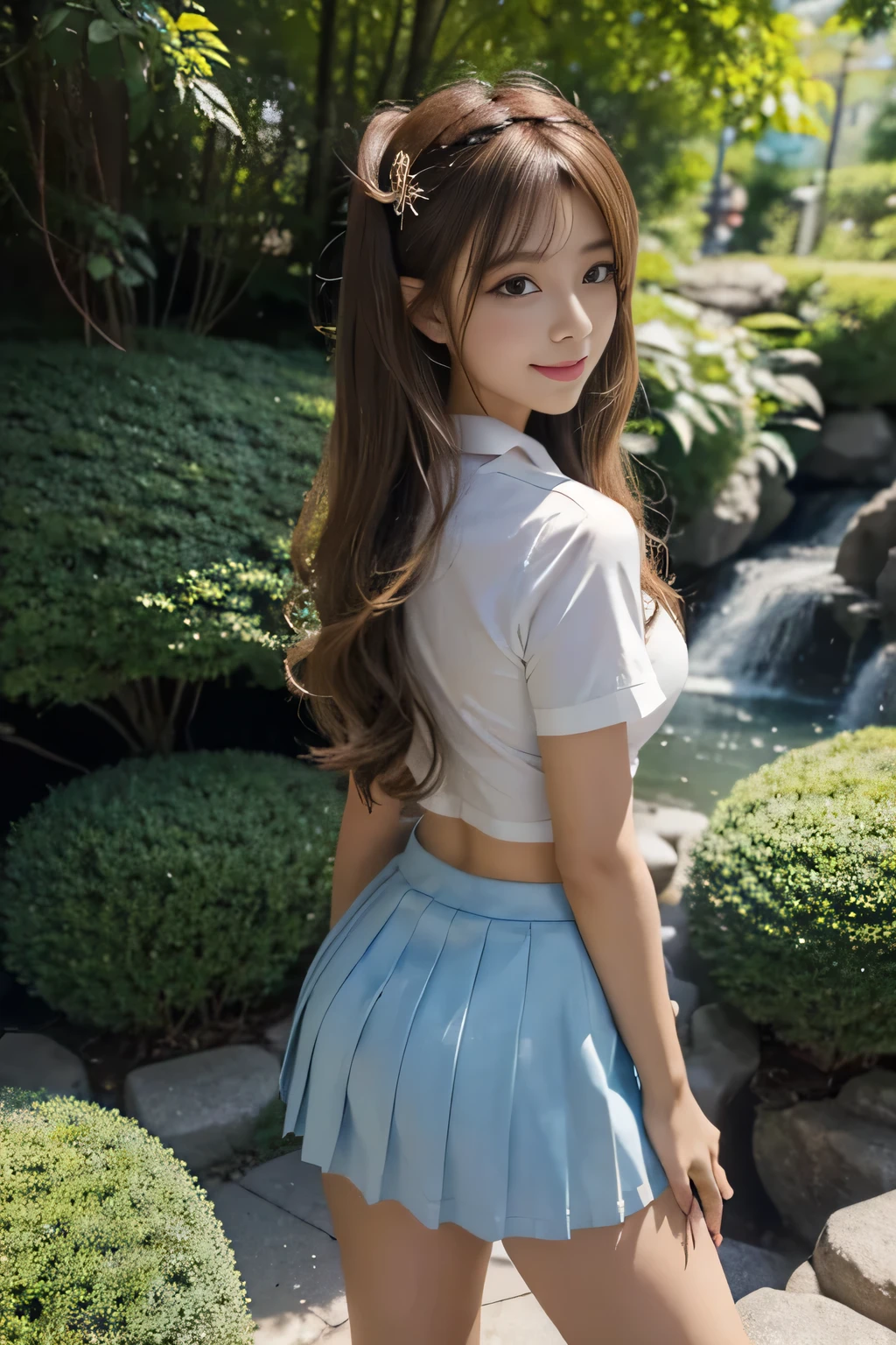 (Best Quality, 8K, 32K, Masterpiece, UHD:1.2), Photo of Pretty Japanese woman,(anime illustration:1.5),
Full body, (most immense breasts:1.2), sexy body, perfect girl, face details, slim body:2, professional lighting, dynamic angle, perfect hands,
BREAK 1girl, cute, POV, cosmetics-free, standing, (gyaru:1.4),
(high school summer uniform, the uniform consists of a white collared shirt with short sleeves and dark blue pleated very short miniskirt:1.4, no logo)
holding school bag:1.2, chestnut wavy hair, (hairpin, hair ornament:1.2), (cleavage:0.5), collarbone,
(decorations:1.2), sunlight, challenging, smile
Tranquil forest with a cascading waterfall
leaning forward, (back pose:1.3)