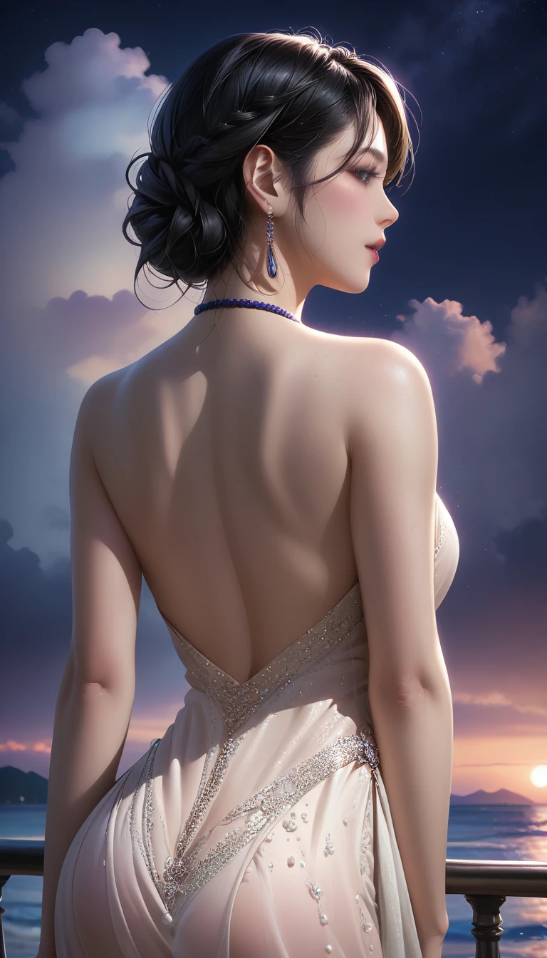 score_9, score_8_superior, score_7_superior, Masterpieces with up to 16K resolution,Highest quality,it is really amazing,Very detailed,Ultra-high resolution,Real,Realistic,Increased depth of field,Cinematic lighting,
sexy japanese milf,
Long black hair,(Ultra-detailed and beautiful faces:1.4),Translucent white skin,Very detailedな肌,
(Elegant resort dresses:1.2),
Artistic design,Beautiful and detailed pattern,Detailed fabric texture,
Gorgeous necklace,Earrings,
(A pitch black night sky with dark clouds:1.4),The coast before the storm,
delay々Continuing sandy beach,
(Back Angle:1.3),