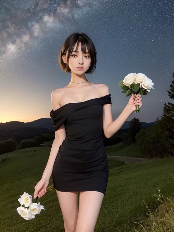 beautiful 16 year old girl, Skinny body, small bust, very short hair, smooth black color, She has a short dress showing her breasts, shows her legs, two hands, Whole body, holding a white rose in her right hand, Perfect face, on a hill at night , few trees, starry sky, very bright stars, look forward, sad