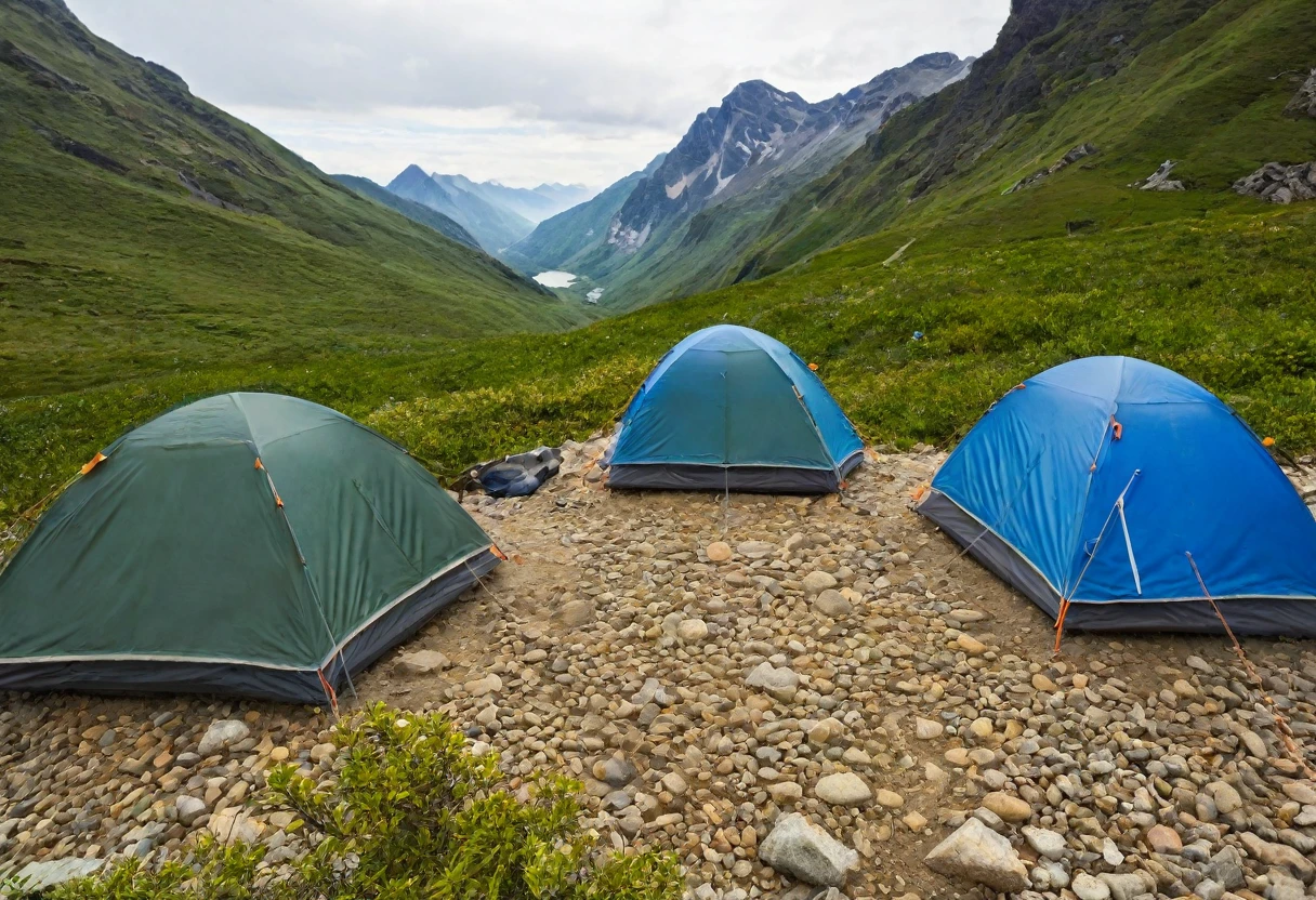 A scene of many identical hiking tents set up in the mountains
