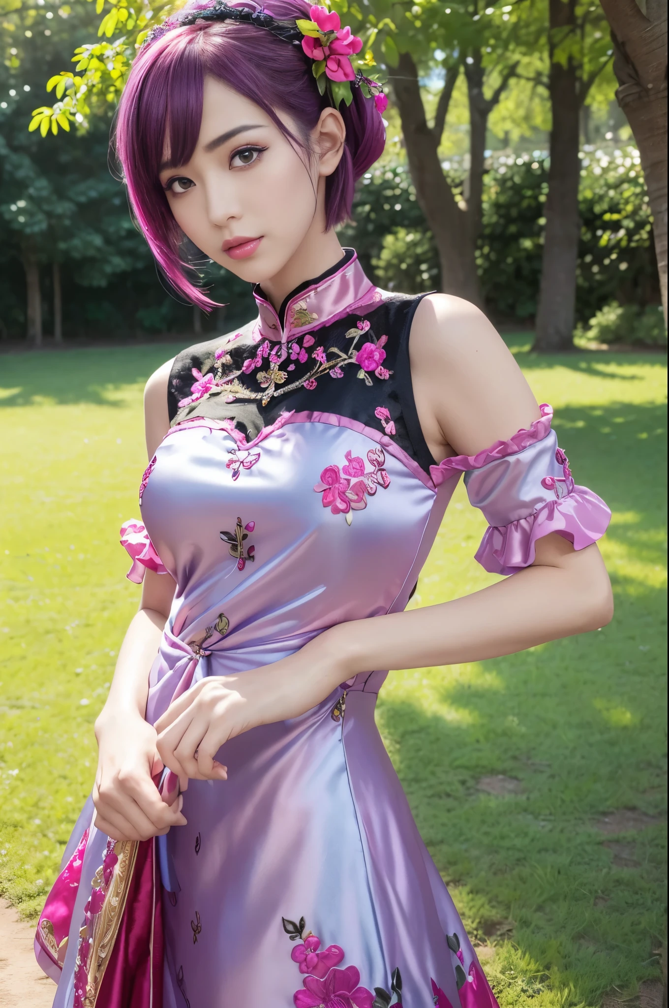 (masterpiece:1.4), (best quality:1.4), ultra high res, ultra high resolution, ((detailed facial features)), HDR, (realistic, photorealistic, photo-realistic:1.37), full body Esbian, sexy Vietnamese model, (-anime), vivid colors, ((vivid colors multicolor (pink, red, purple) very short hair)), (happy smile), lip-gloss, long lashes, ultra detailed metallic makeup, defined eyebrows, wearing large sparkling colorful jewelery, (wearing a red silk Paradise Kiss cosplay dress with black floral embroidery), ((vivid colors outfit)), vivid colors, look at the camera, cinematic light, large park background with trees, sweet and sexy pose