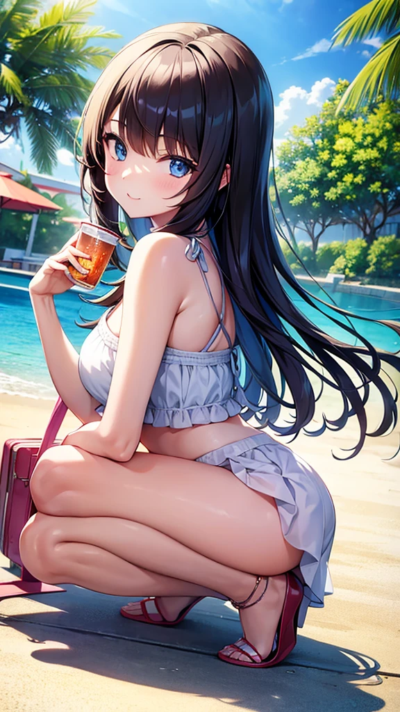 (cowboy shot), (ultra-high resolution, depth of field:1.2), 1woman, medium breasts, (tan skin:1.4), brown eyes, (long straight black hair), ponytail, bangs, off-shoulder bikini, light pink bikini, light blue chocker, (light blue stripes), tight strap, gentle smile, pool, sunset