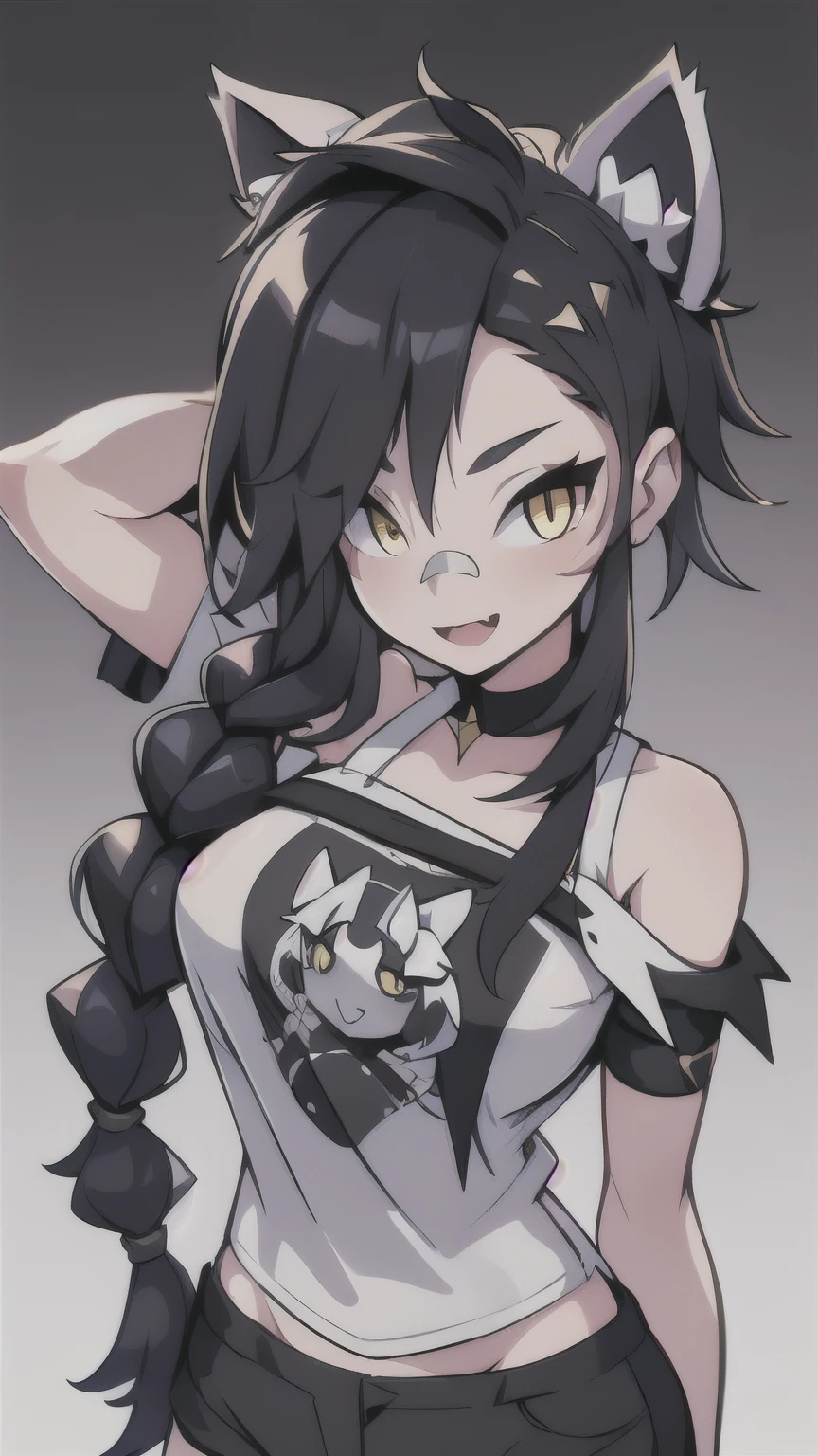 1girl, solo, long hair, looking at viewer, black hair, bandaid on face, yellow eyes, animal ears, smile, bandaid on nose, braid, cat ears, bandaid, bangs, breasts, fake animal ears, simple background, open mouth, fang, bare shoulders, scar, teeth, shirt, bare shoulders, white shirt, short sleeves, closed mouth, t-shirt, hair over one eye, portrait, bag, hair over shoulder, shorts, fullbody shot, cute, messy hair