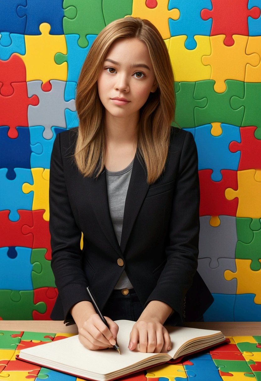 3D Pixar style poster. woman with light skin, very straight dark blonde HAIR, light brown eyes, black blazer, black jeans, gray shirt, white sneakers, notebook in hand, BACKGROUND WITH RED, blue, green and yellow PUZZLE.