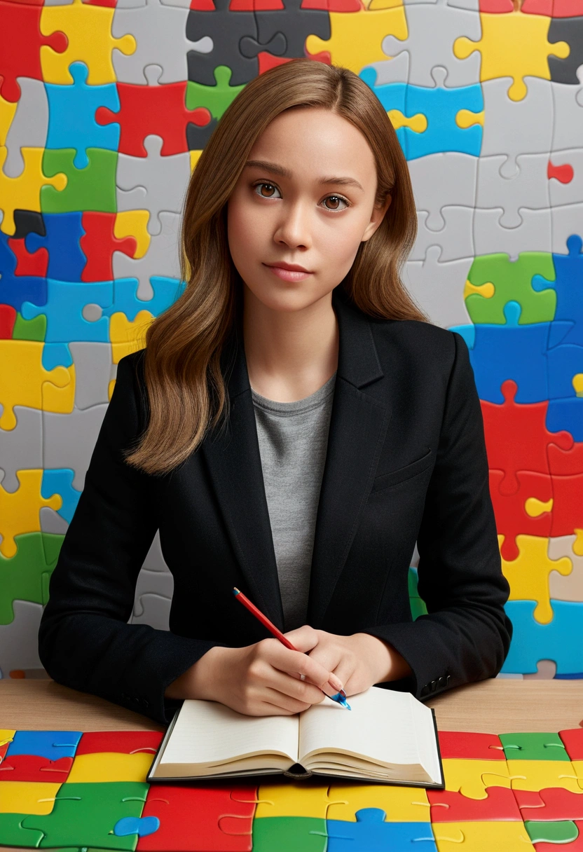 3D Pixar style poster. woman with light skin, very straight dark blonde HAIR, light brown eyes, black blazer, black jeans, gray shirt, white sneakers, notebook in hand, BACKGROUND WITH RED, blue, green and yellow PUZZLE.