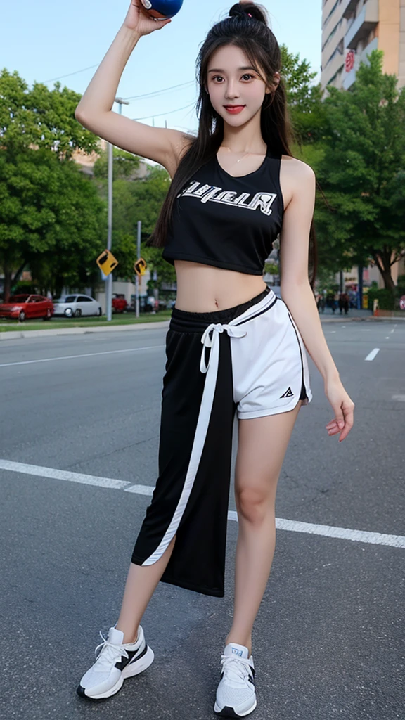 14mm wide-angle lens，Outdoor photo，Girl with a cheerful personality，Sportswear，Black long hair，Exaggerated actions