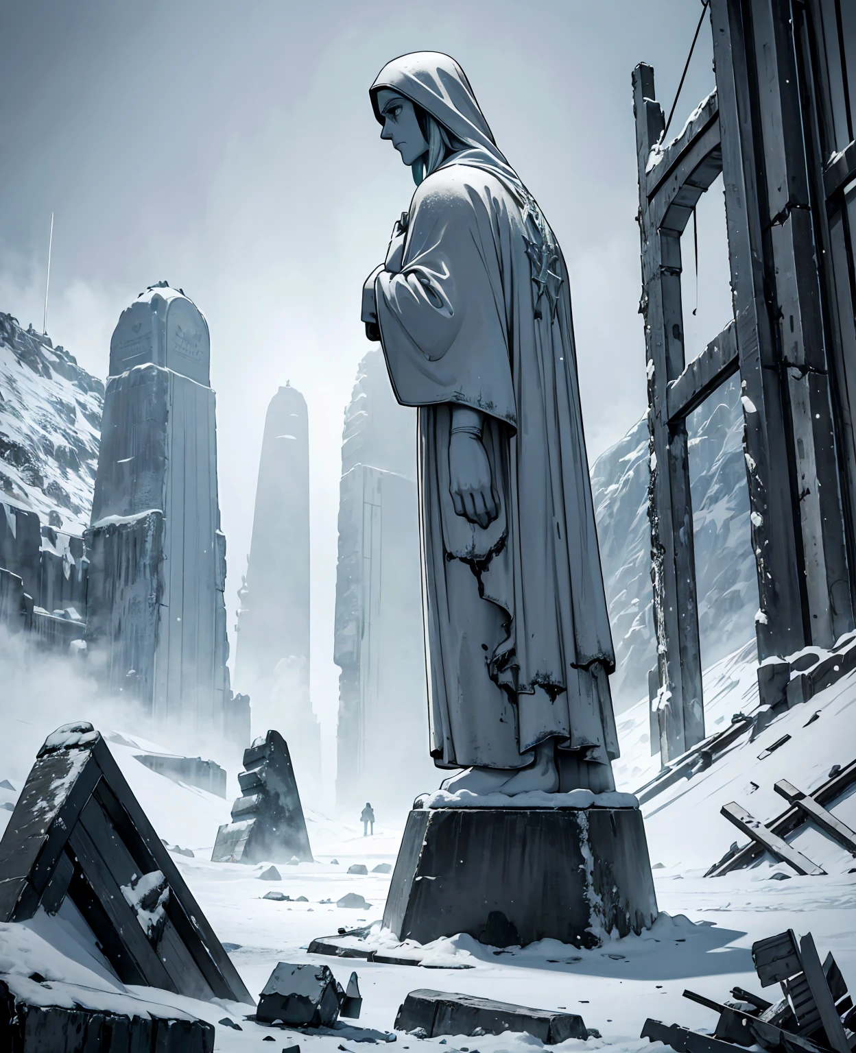 a frozen cristo redentor statue in the middle of an apocalyptic landscape, snow and ice covering the ground, dark cloudy sky, crumbling ruins, abandoned city, desolate atmosphere, cinematic lighting, dramatic, muted color palette, moody, photorealistic