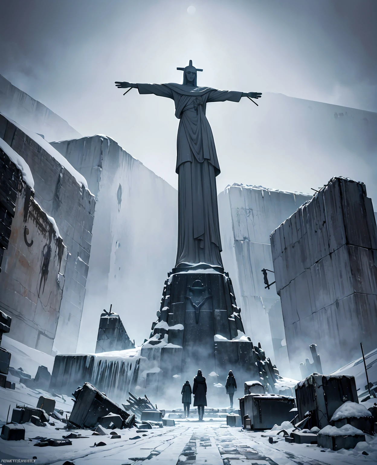 a frozen cristo redentor statue in the middle of an apocalyptic landscape, snow and ice covering the ground, dark cloudy sky, crumbling ruins, abandoned city, desolate atmosphere, cinematic lighting, dramatic, muted color palette, moody, photorealistic