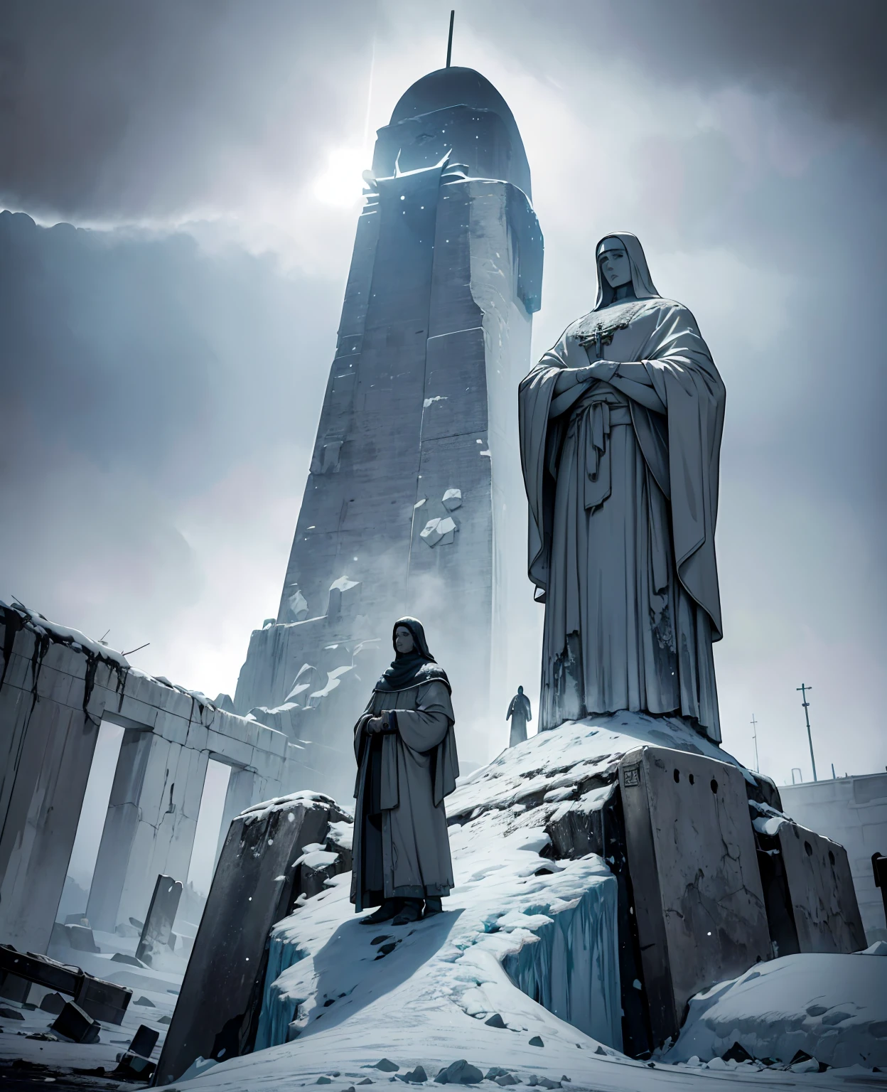 a frozen cristo redentor statue in the middle of an apocalyptic landscape, snow and ice covering the ground, dark cloudy sky, crumbling ruins, abandoned city, desolate atmosphere, cinematic lighting, dramatic, muted color palette, moody, photorealistic