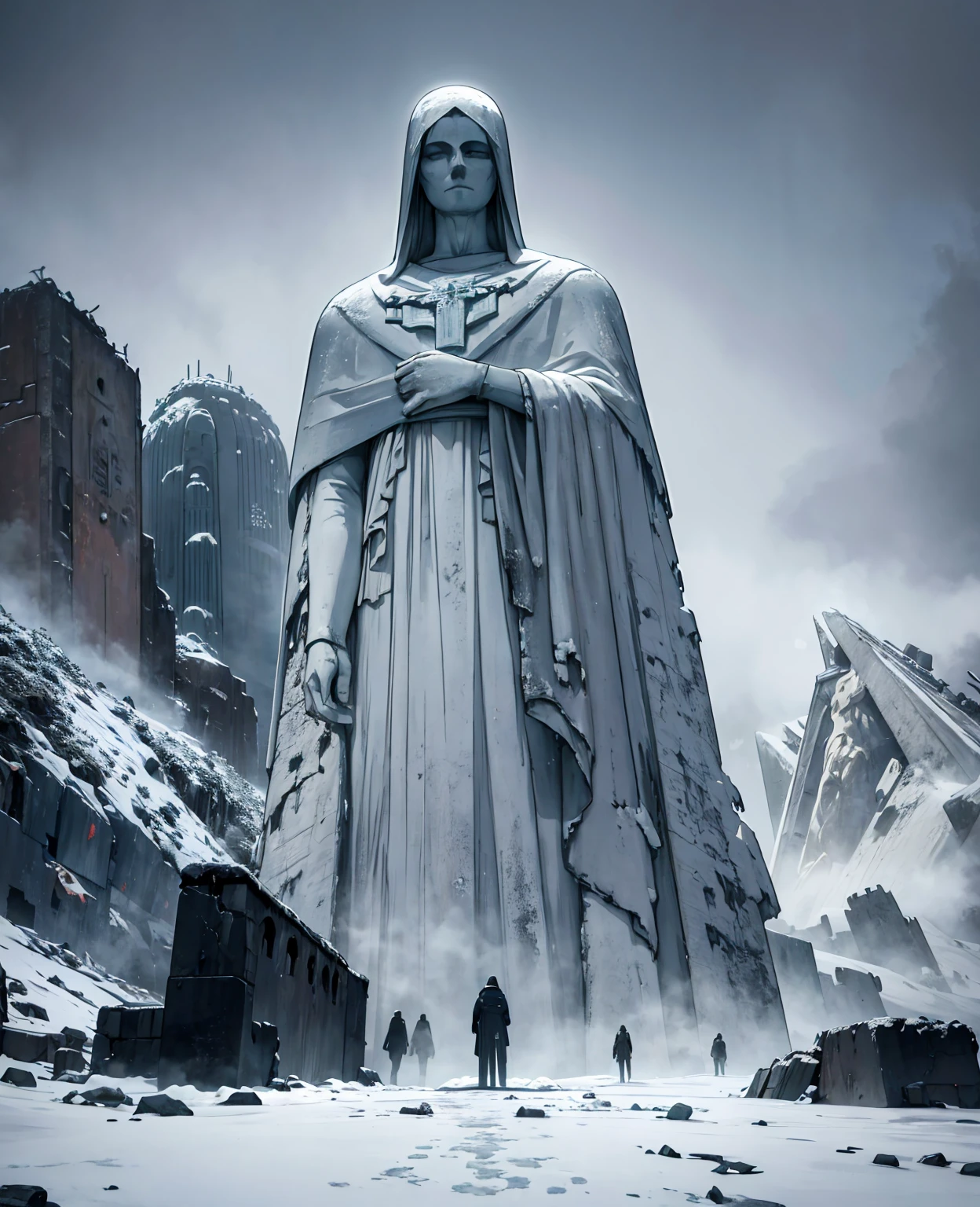 a frozen cristo redentor statue in the middle of an apocalyptic landscape, snow and ice covering the ground, dark cloudy sky, crumbling ruins, abandoned city, desolate atmosphere, cinematic lighting, dramatic, muted color palette, moody, photorealistic