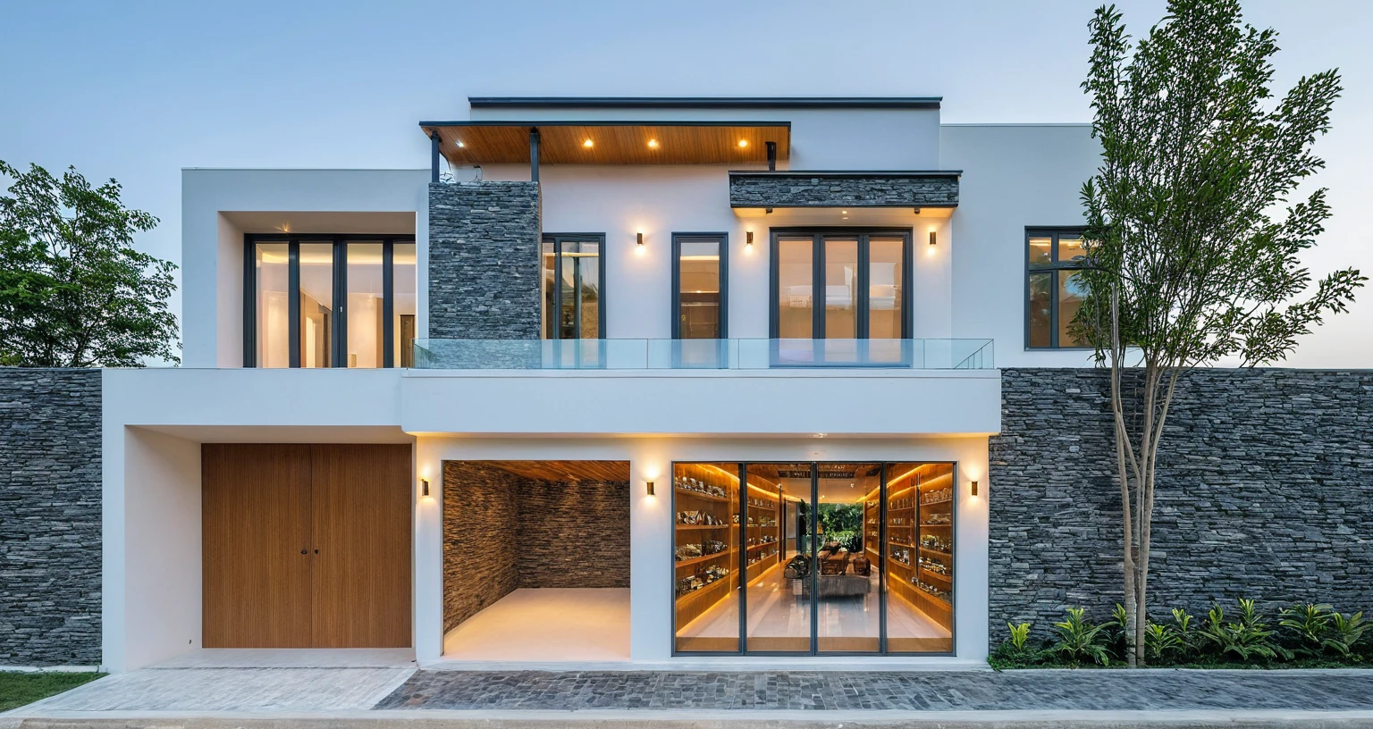 Two-story townhouse, Minimalist architecture, modern house, brightly painted walls, stone wall accents, xingfa aluminum glass doors. The canopy is made of durable iron glass. Vào buổi chiều, Construction lights are turned on and you can see the furniture, The first floor is where the business is located, The second floor is the residence. actual representation. surreal house