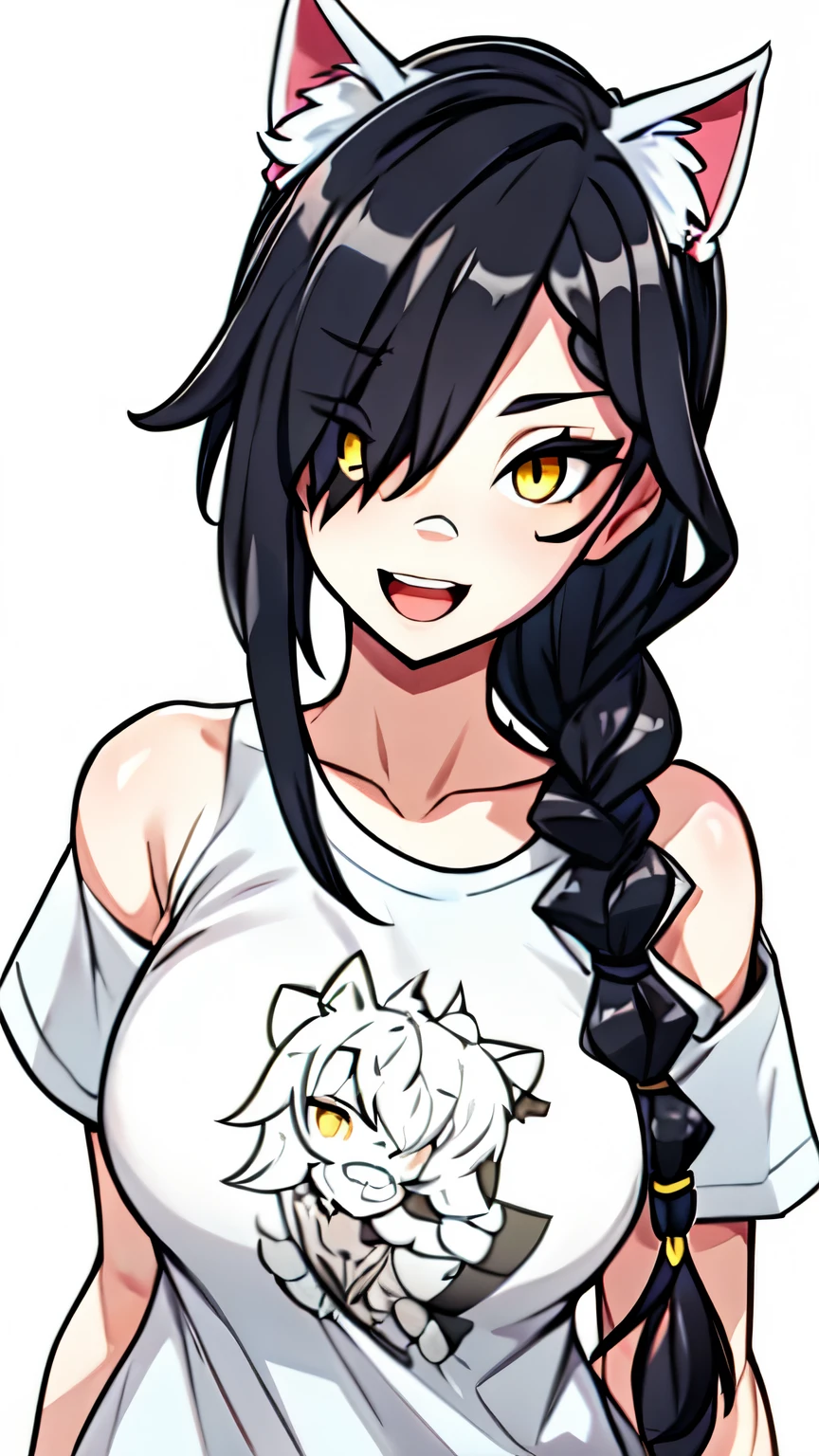 1girl, solo, long hair, looking at viewer, black hair, bandaid on face, yellow eyes, animal ears, smile, bandaid on nose, braid, cat ears, bandaid, bangs, breasts, fake animal ears, simple background, open mouth, fang, bare shoulders, scar, teeth, shirt, bare shoulders, white shirt, short sleeves, closed mouth, t-shirt, hair over one eye, portrait, bag, hair over shoulder, shorts, fullbody shot, cute, messy hair