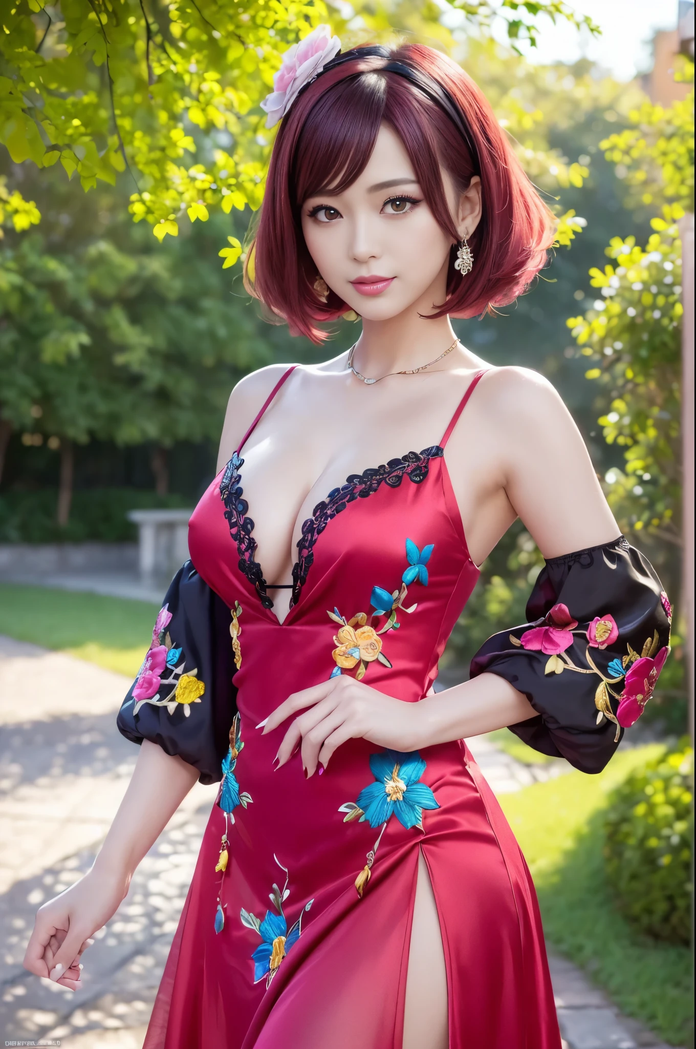(masterpiece:1.4), (best quality:1.4), ultra high res, ultra high resolution, ((detailed facial features)), HDR, (realistic, photorealistic, photo-realistic:1.37), full body Esbian, sexy Thai model, (-anime), vivid colors, ((vivid colors multicolor (red, fuchsia) very short hair)), ((seductive smile)), lip-gloss, long lashes, ultra detailed metallic makeup, defined eyebrows, wearing large sparkling colorful jewelery, (wearing a red silk Paradise Kiss cosplay dress with black floral embroidery), ((vivid colors outfit)), vivid colors, look at the camera, cinematic light, large park background with trees, sweet and sexy pose