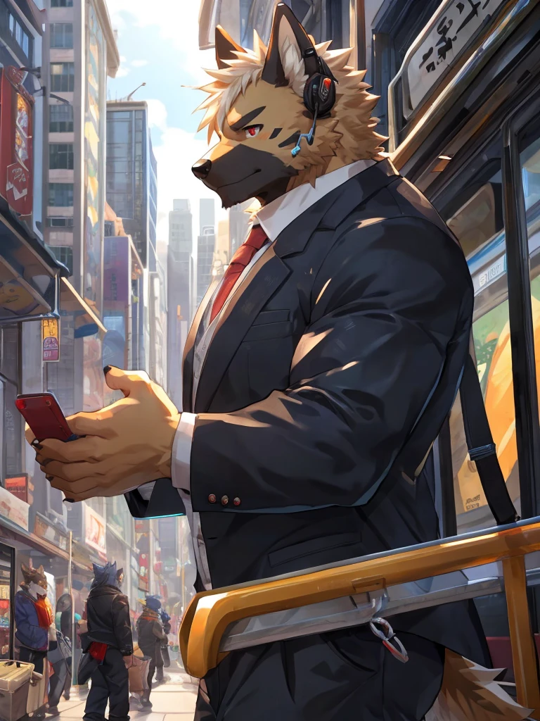 embedding:German Shepherd Dog, male,red eyes,Single person,The side,In the carriage,Look outside,Outside the train is the city.Headset,,Black jacket,The game CG,Illustration,On the train,The invention discloses a neck earphone,The highest quality of scene detail,adult,Tall and powerful,muscle，Best quality hands, best quality eye，detailed fur，Delicate eyes.Extreme picture quality，by sollyz,by zixiong,by milkytiger1145