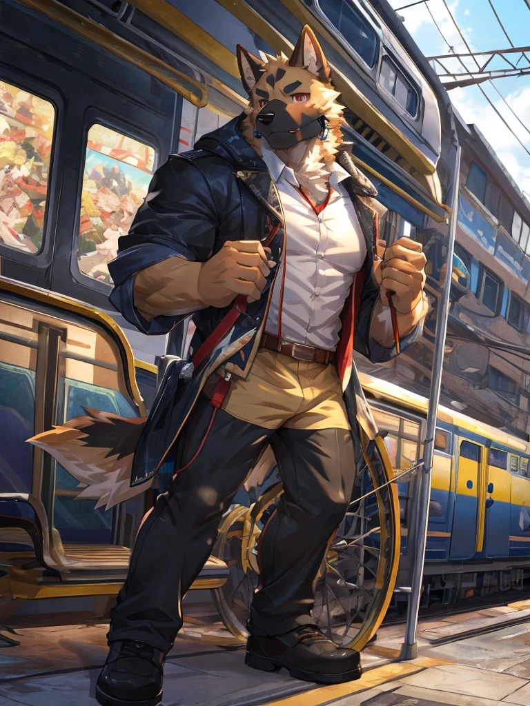 embedding:German Shepherd Dog, male,red eyes,Single person,The side,In the carriage,Look outside,Outside the train is the city.Headset,,Black jacket,The game CG,Illustration,On the train,The invention discloses a neck earphone,The highest quality of scene detail,adult,Tall and powerful,muscle,Best quality hands, best quality eye,detailed fur,Delicate eyes.Extreme picture quality,by sollyz,by zixiong,by milkytiger1145