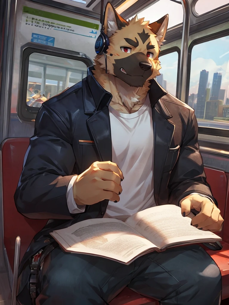 embedding:German Shepherd Dog, male,red eyes,Single person,The side,In the carriage,Look outside,Outside the train is the city.Headset,,Black jacket,The game CG,Illustration,On the train,The invention discloses a neck earphone,The highest quality of scene detail,adult,Tall and powerful,muscle,Best quality hands, best quality eye,detailed fur,Delicate eyes.Extreme picture quality,by sollyz,by zixiong,by milkytiger1145