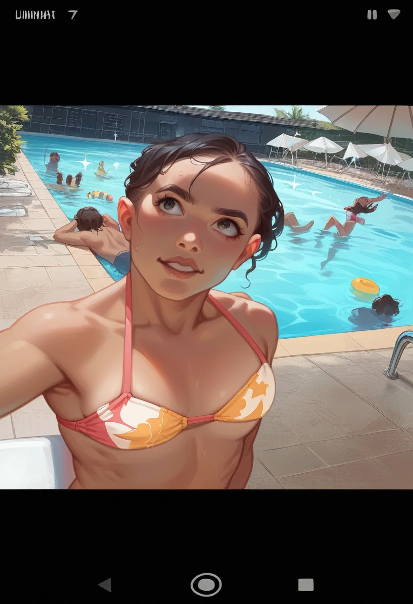 there is a girl in a bikini standing in front of a swimming pool, taken at the beginning of 2020, magnetic years, On a sunny day, sunny day time, sitting in pool, in a pool, 27 years old, playing in the pool, by the pool, on a bright day, 22 years old, 23 year old