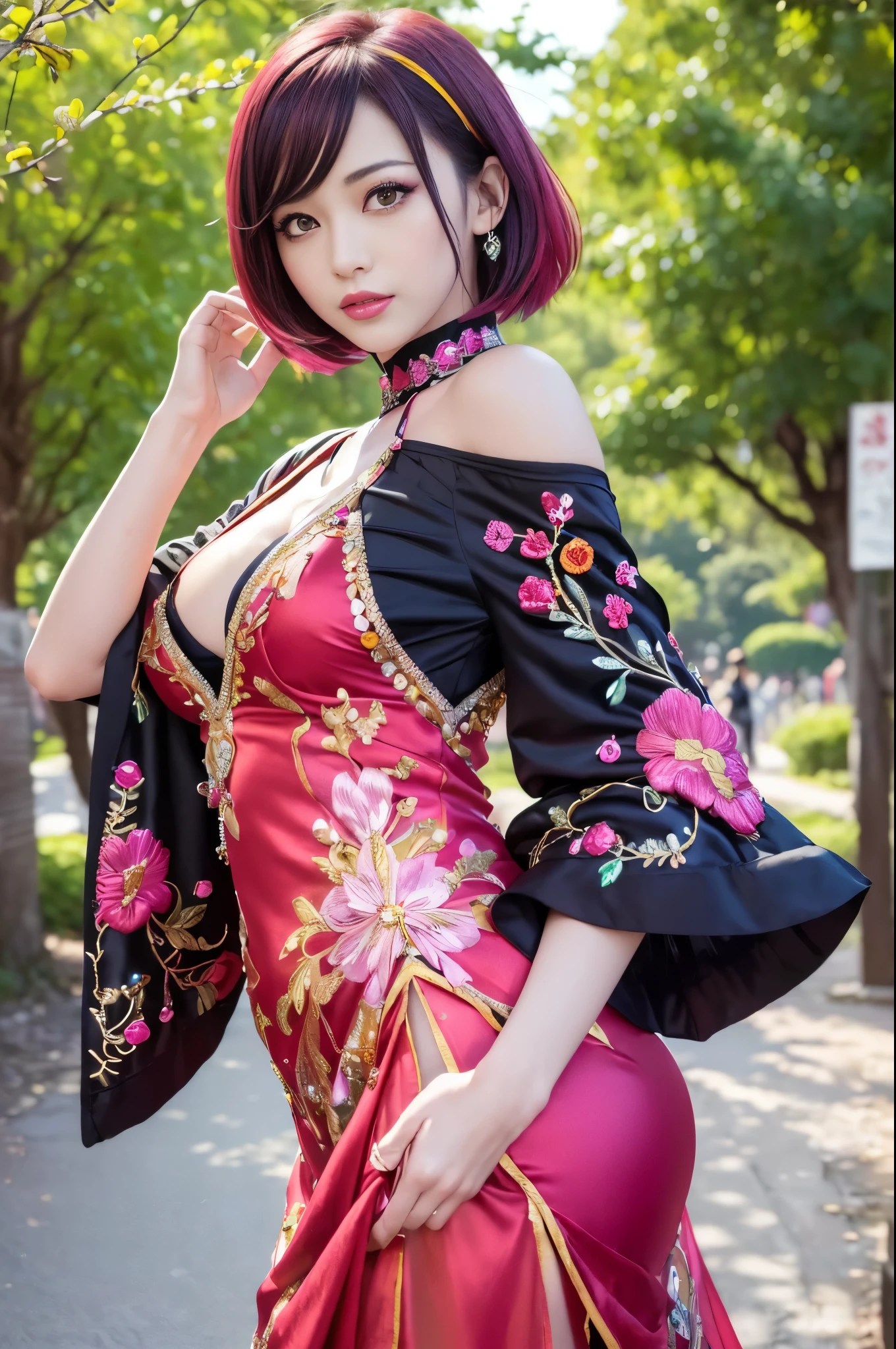 (masterpiece:1.4), (best quality:1.4), ultra high res, ultra high resolution, ((detailed facial features)), HDR, (realistic, photorealistic, photo-realistic:1.37), full body Esbian, sexy Thai model, (-anime), vivid colors, ((vivid colors multicolor (red, fuchsia) very short hair)), ((seductive smile)), lip-gloss, long lashes, ultra detailed metallic makeup, defined eyebrows, wearing large sparkling colorful jewelery, (wearing a red silk Paradise Kiss cosplay dress with black floral embroidery), ((vivid colors outfit)), vivid colors, look at the camera, cinematic light, large park background with trees, sweet and sexy pose