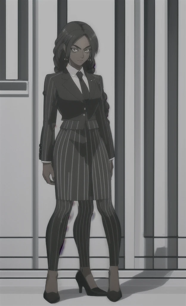 90s grown tall skinny black skinned female business woman in a grey pinstripe skirt suit wearing grey heels with cornrow hair full body
Pinstripe blaze and pinstripe skirt