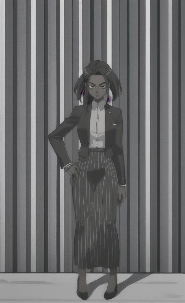 90s grown tall skinny black skinned female business woman in a grey pinstripe skirt suit wearing grey heels with cornrow hair full body
Pinstripe blaze and pinstripe skirt