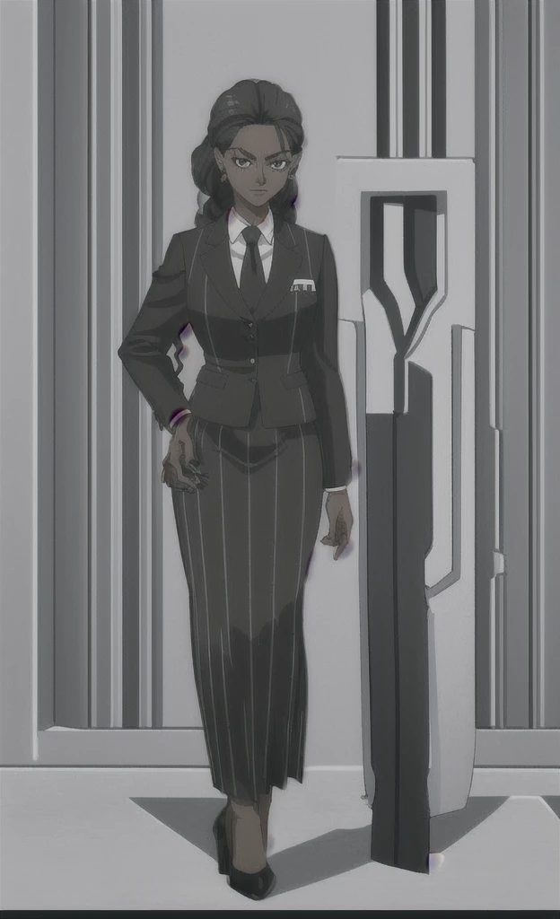 90s grown tall skinny black skinned female business woman in a grey pinstripe skirt suit wearing grey heels with cornrow hair full body
Pinstripe blaze and pinstripe skirt 