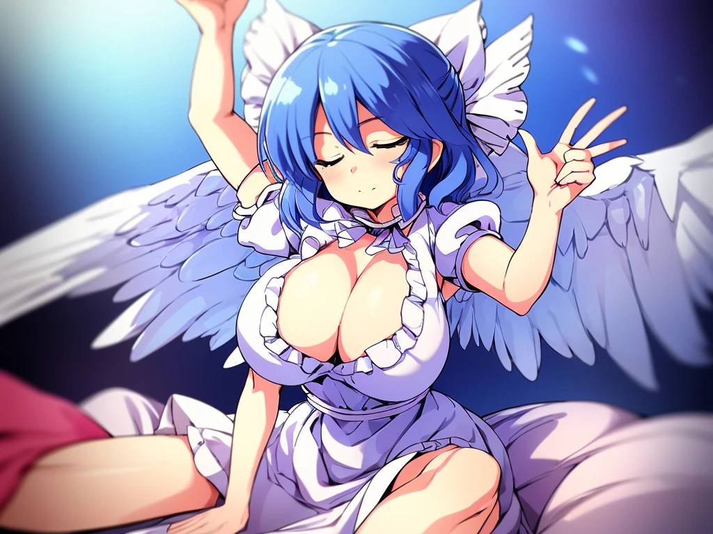 (best quality,4k,8k,highres,masterpiece:1.2), top-quality(masterpiece), top-quality, ultra-detailed, highly detailed texture, intricate details, high quality textures, A cute age angel with blue eyes, big pink ribbon in her hair, drawn in anime style, perfect quality, perfect anatomy, perfect body, perfect symmetrical face, 1 beautiful girl, 1girl, (((1girl in))), , 10 y(loli))), ((child), medium blue hair, hair flaps, pink ribbon on head, well-formed face, Beautiful face, blue eyes, pretty eyes, angel girl, white blouse, puffy short sleeves, red ribbon, angel wings, long white skirt, red shoes, frills, ribbon head, A pair of angel wings on the back, clean line drawings, cute, perfect symmetrical face, beautiful blue hair, beautiful blue eyes, cute face, beautiful, from behind, to lift up one’s skirt, cowboy shot, from front, standing , raise one leg, crossed arms, arms up behind, arms behind back, hand between legs, put hands hip, one hand on hip, forward hands, arms raised in the air, punch hands, peace sign, waving, put up index finger, sit, lie down, closed eyes, lie face down, looking back, put one hand chest, leaning forward, cleavage, close up, horizontally outstretched arms, horizontally outstretched legs, front view, front face, huge breasts for short stature, cleavage is clearly visible ,G-Cup