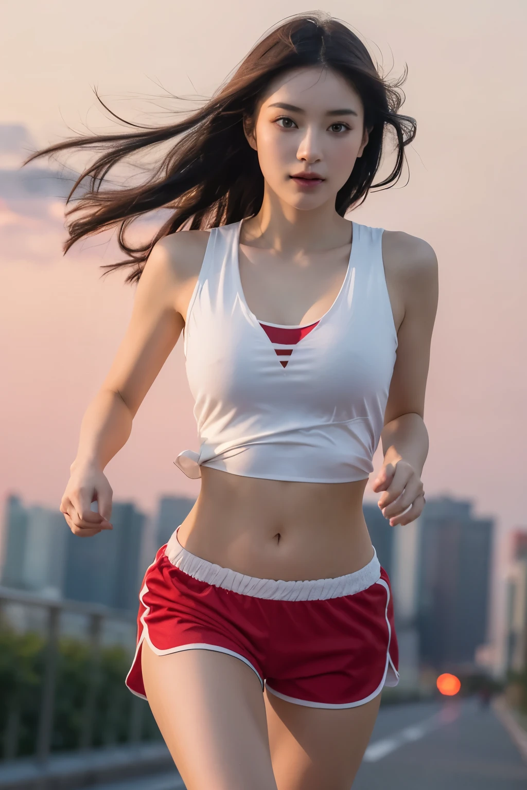 Running at dawn. Beautiful young woman with big pelvis and cleavage. See details. Ultra-high resolution. Red one-pan. Very short shorts. 