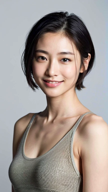 (Highest quality, 8k, 32K, masterpiece, Ultra-high resolution:1.2),Beautiful Japanese Women Photos, Smile、Small breasts, Very short bob hair,Upper Body,Face Focus,Tank top, Simple Background, View your viewers,Small areola、Small nipples、Belly Piercing
