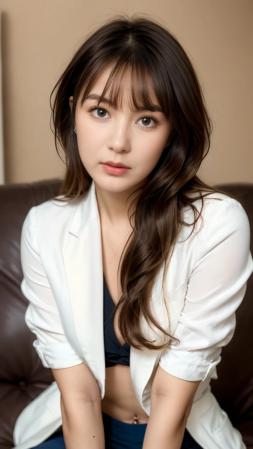 Gorgeus Girl, Beautiful, Baby Face, ************, White Skin, Beside, Sexy Pose, business suits, Blue Eye, Muscles, Bokeh, Modern living room Background, Masterpiece, Fullbody Shot, woman trousers, blazers, soft wavy blunt bangs black hair